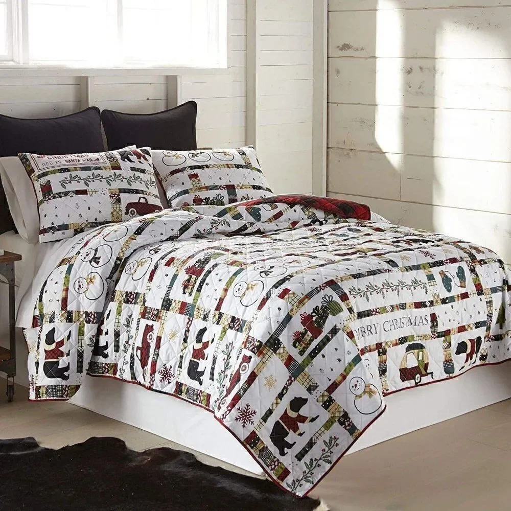 NEW!! Merry Christmas Farmhouse QUEEN Quilt Set